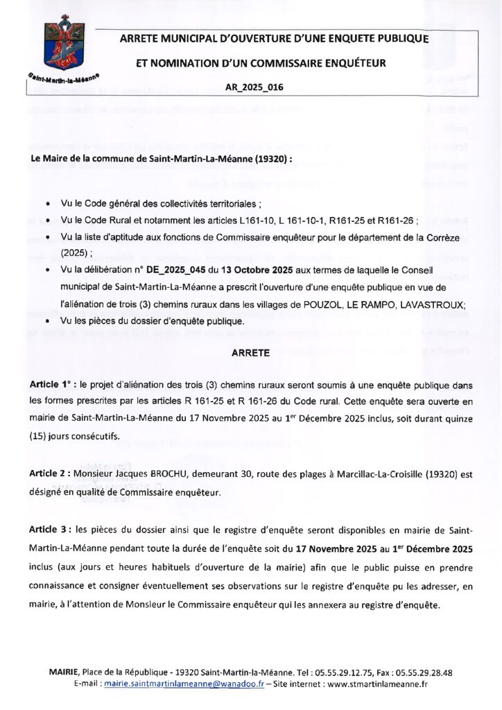 thumbnail of AR_2025_016 ARRETE D’OUVERTURE ENQUETE PUBLIQUE ET NOMINATION D’UN COMMISSAIRE ENQUETEUR