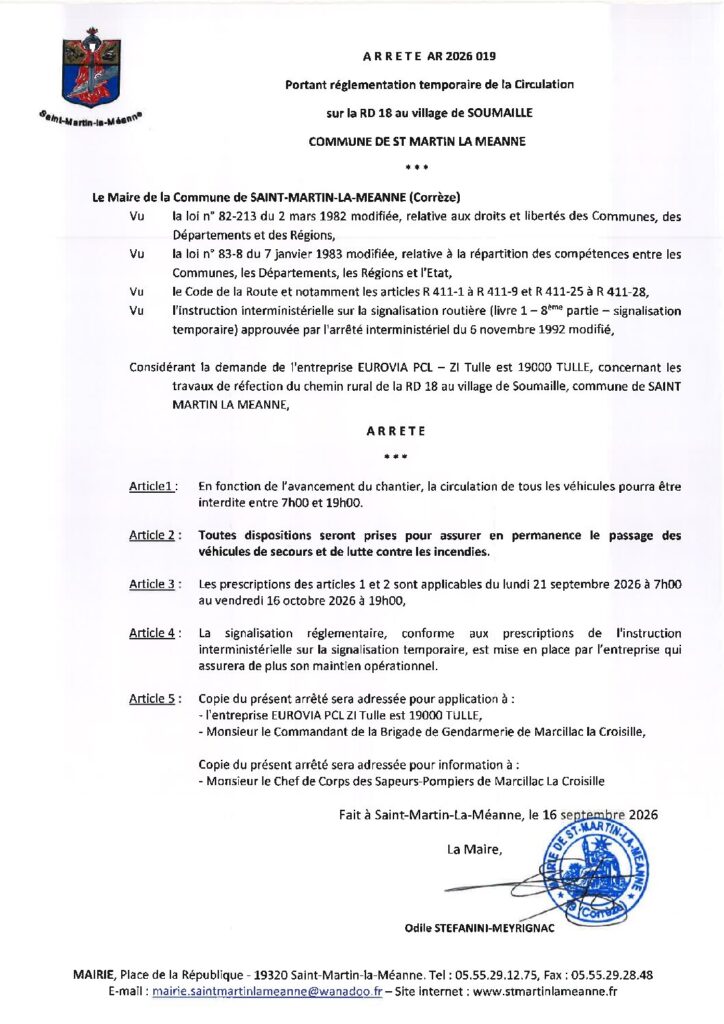 AR_2026_019 PORTANT REGLEMENTATION TEMPORAIRE DE LA CIRCULATION VOIE COMMUNALE N°6 DE SOUMAILLE A LA RD 18