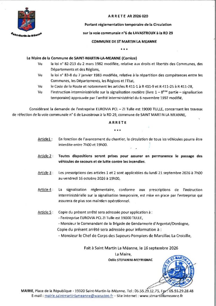 AR_2026_020 PORTANT REGLEMENTATION TEMPORAIRE DE LA CIRCULATION VOIE COMMUNALE N)6 DE LAVASTROUX A LA RD 29